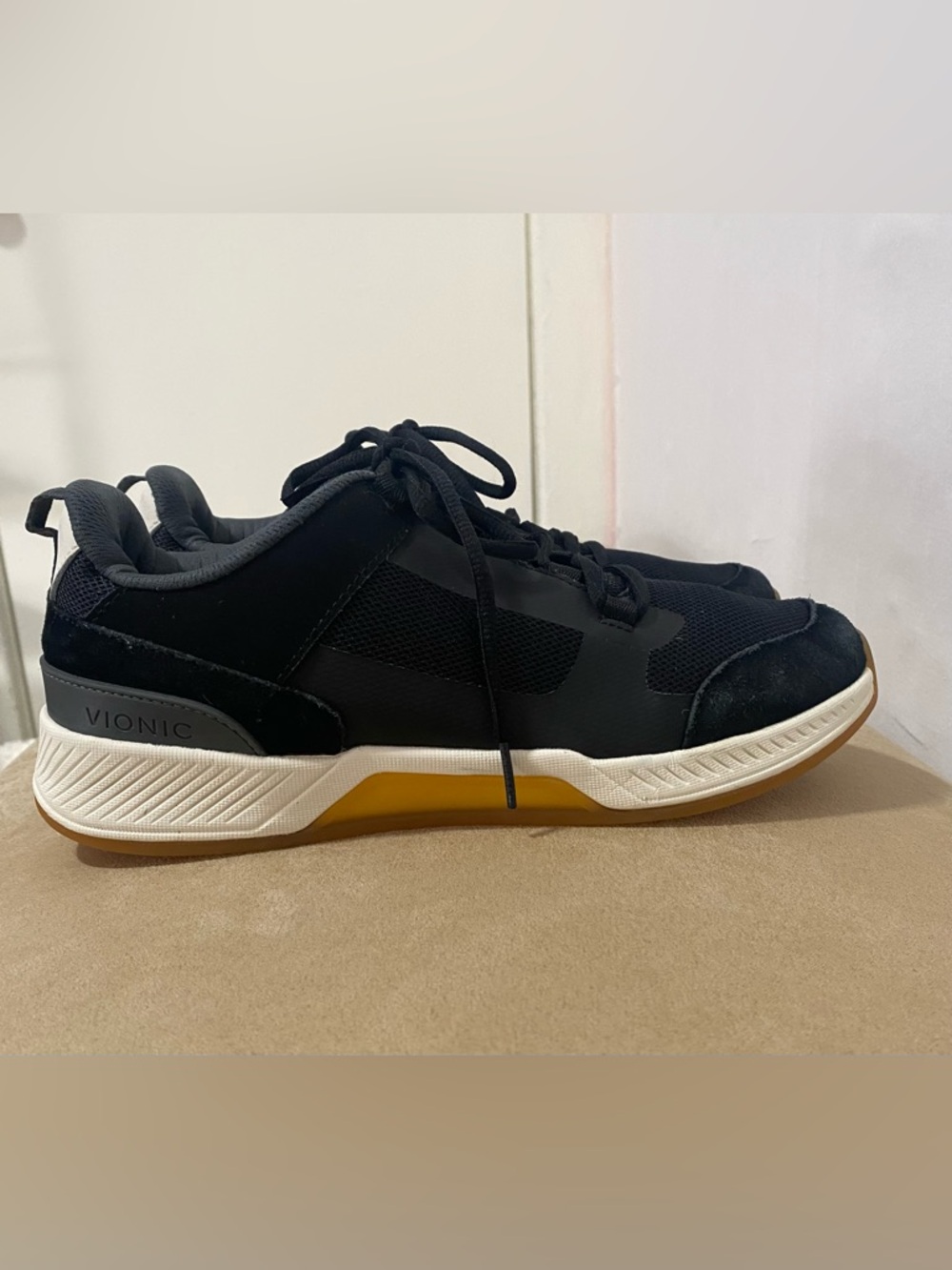 Vionic Black Sneakers with White Midsole and Yellow Accent